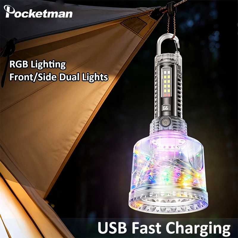 Rechargeable LED Flashlight with RGB Side Lights Multifunctional Camping Lantern with Hook Magnet Emergency Light for Hiking