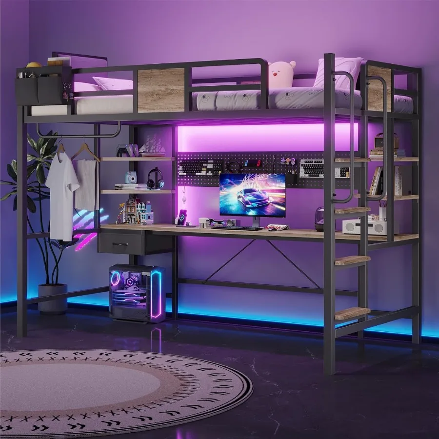 سرير علوي مع مكتب سرير علوي مزدوج الحجم مع أضواء LED ومحطة شحن سرير بطابقين مع منظم تخزين سلم قابل للإزالة #2