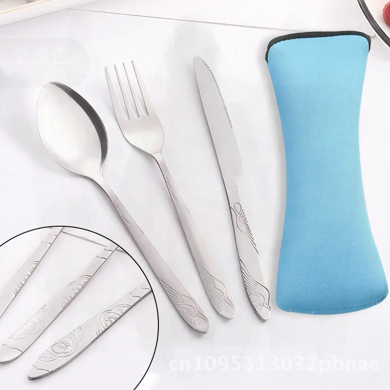 Stainless Steel 3-Piece Dining Set - Western-Style Knife Fork Spoon with Cloth Bag Portable Minimalist Tableware Gift Set