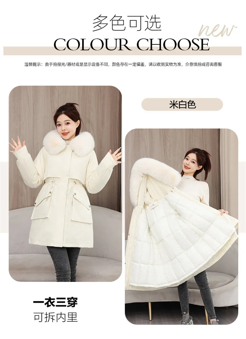 2026 New Winter Coat Down Padded Jacket Women Parkas Fur Collar Thick Hooded Cotton Coats Black Casual Outerwear Female Clothes