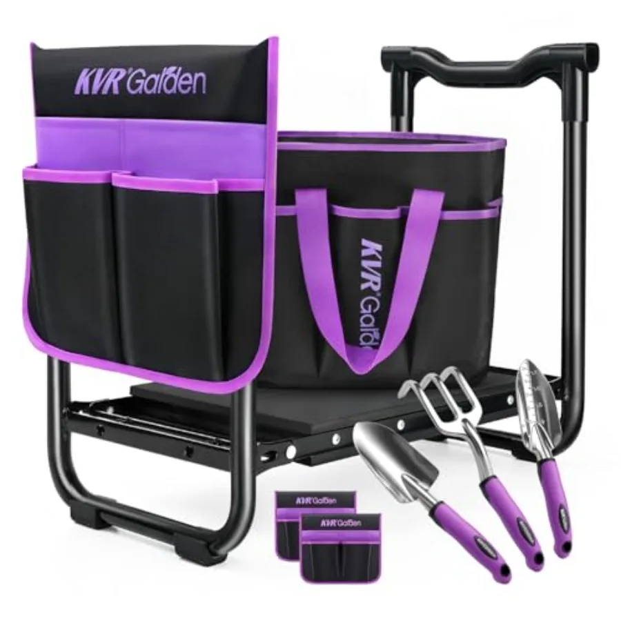 

Garden Stool Kneeler Set with Aluminum Tools Gray/Black Foldable Lightweight for Easy Storage and Transport