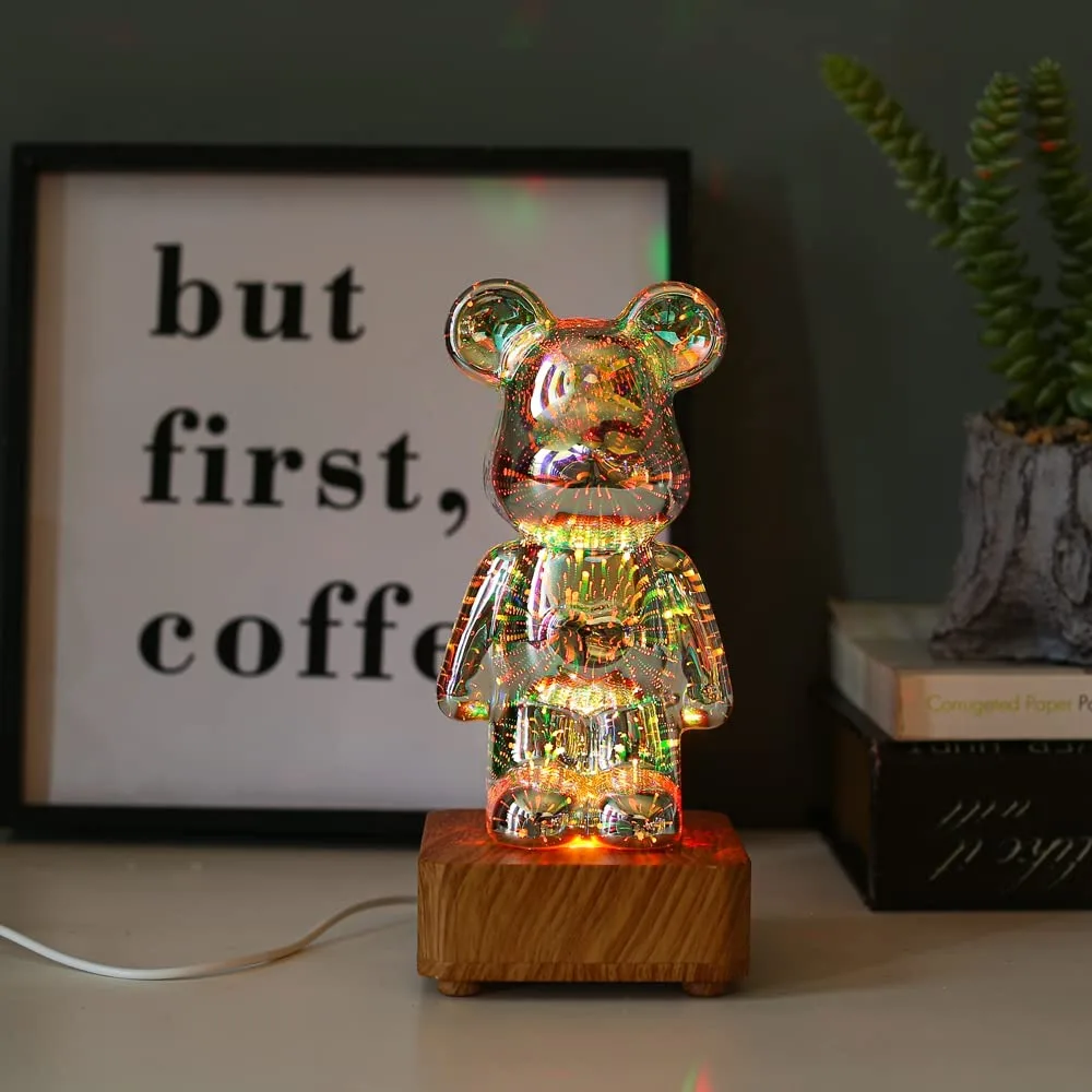 LED Glass Bear Figure Aesthetic 3D Firework Projector Lamp Statue Color Changeable Bear Figurine Sculpture Bedroom Decoration