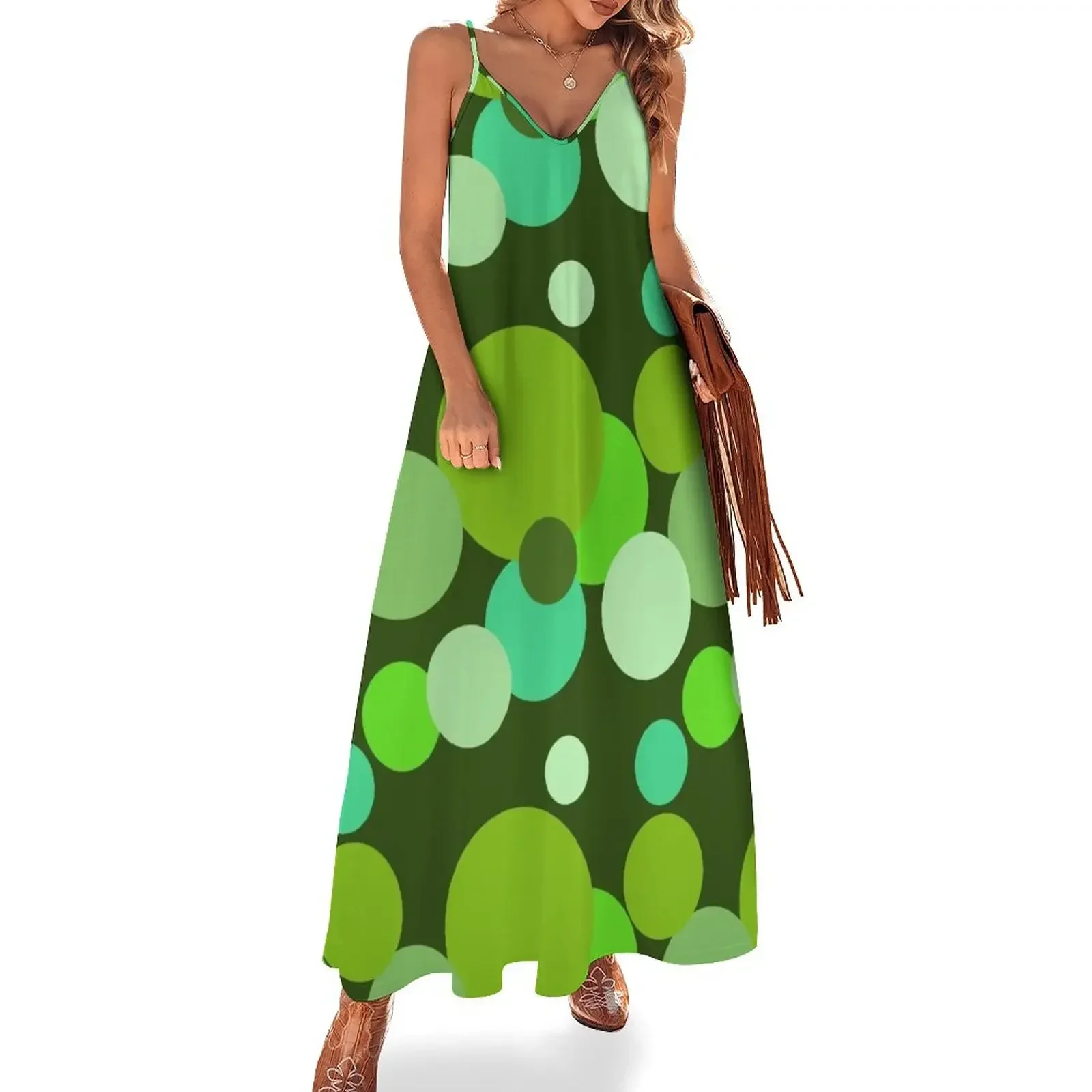 

Big 70s polka dots in green Sleeveless Dress women evening dress elegant guest wedding dress women clothes