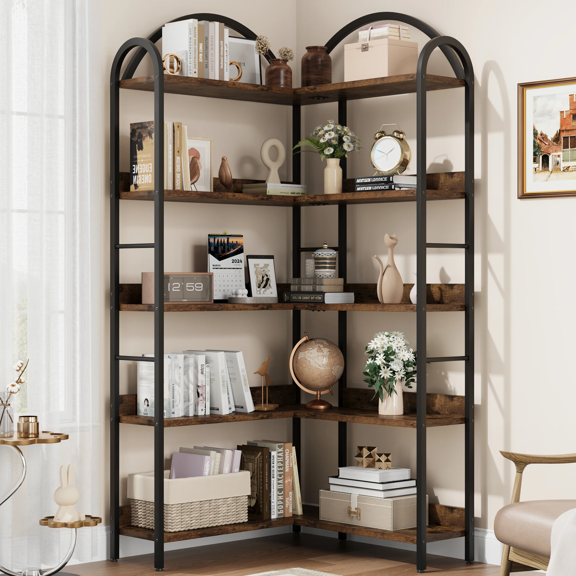 Corner Bookshelf, 5-Tier 68.5-Inch L-Shaped Industrial Bookcase with Reversible Design, Open Wood Shelves and Arched Metal Frame, Space-Saving Storage Display Rack for Living Room, Bedroom and Office