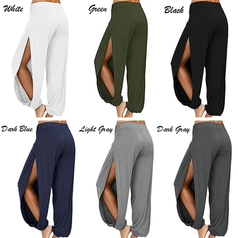 Sommer-Haremshose mit hohem Schlitz für Damen, Sport-Yogahose, solide, lockere Hippie-Haremshose mit weitem Bein – Detail 2