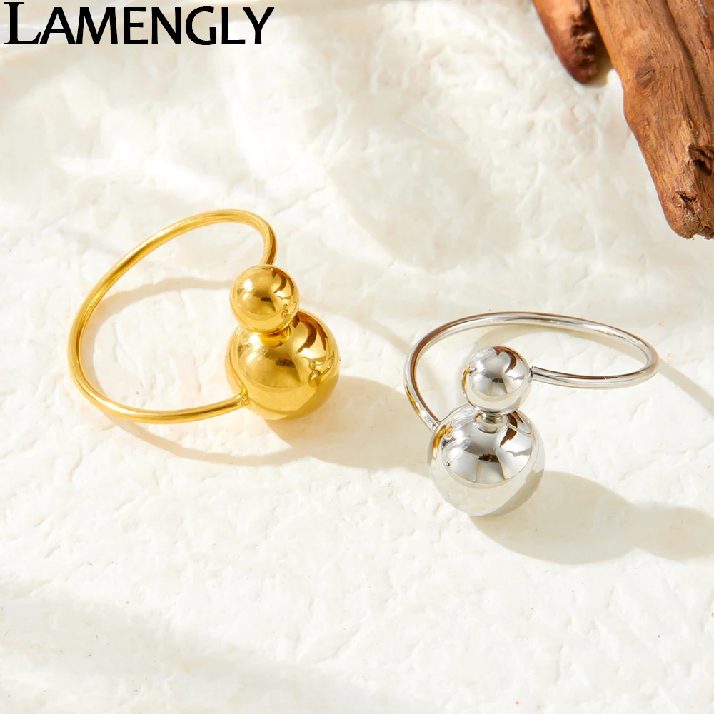 LAMENGLY 316L Stainless Steel Gold Silver Large And Small Spheres Opening Ring For Women Creative Girls Adjustable Finger Rings