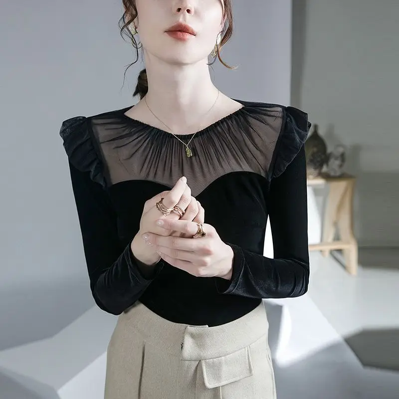 2023 Autumn/Winter New Slim Fit Ruffle Edge Velvet Mesh Spliced Bottom Shirt Elegant and Fashion Versatile Small Shirt