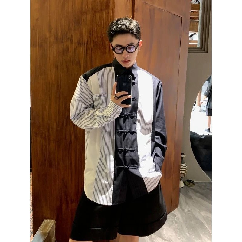 

Loose Casual Long Sleeve Shirt Large Size 300 Pounds New Chinese Style Men's Clothing Autumn Season Color Block Patchwork Top