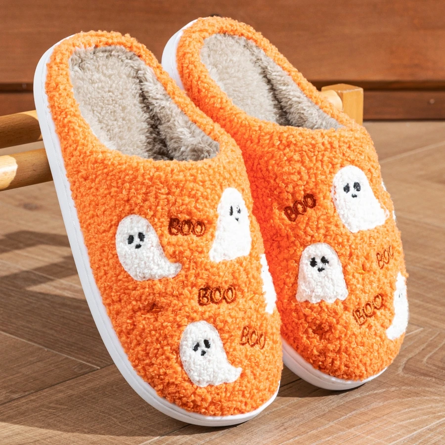 Herren-Hausschuhe mit Halloween-Geister-Stickerei, Flauschige Innensohle, Rutschfest, Bequem, Warm, Paar-Hausschuhe – Detail 3