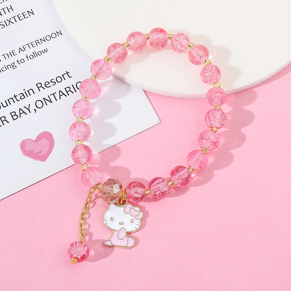 Sanrio Anime HelloKitty Bracelet Cute Cartoon Figure KT Cat Handmade Resin Pendant Accessory Kitty Pendant Bead String Bracelet