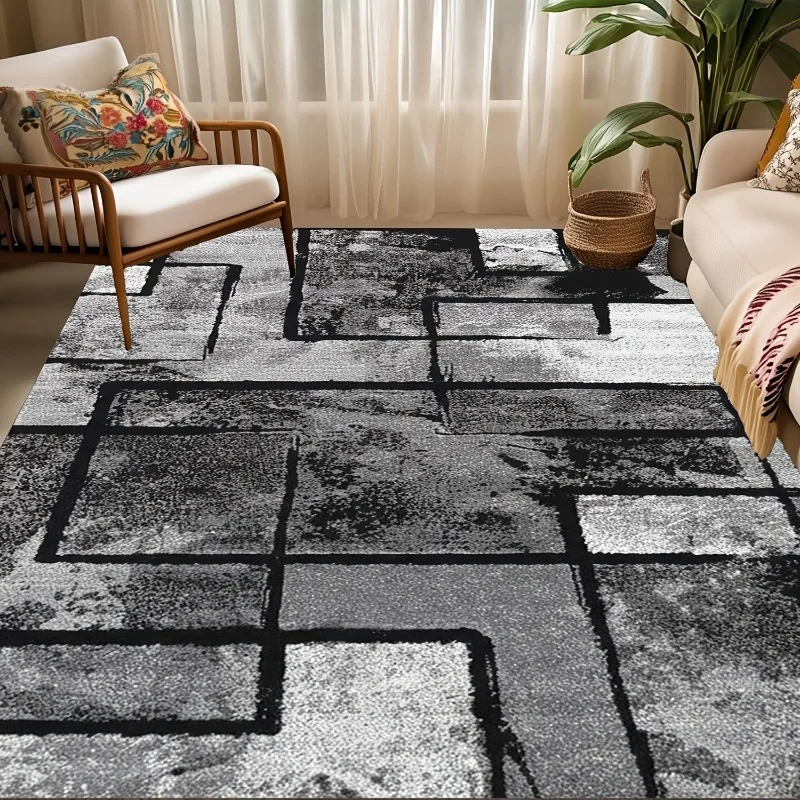Modern Geometric Flannel Rug Soft Non Slip Floor Mat Abstract Distressed Decor Carpet for Living Room Bedroom Indoor Home Decor