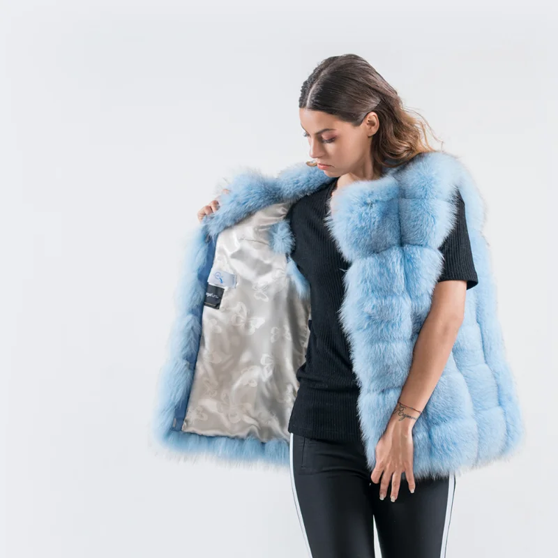 blue natural fox fur vest jacket women luxury furry tops sleeveless o-neck thicken genuine real fur tank top coat female