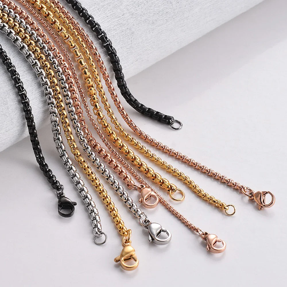 HIYEE 1 Piece Width 1.5/2/2.5/3mm Stainless Steel Square Pearl Chain Figaro Box Necklace for Men Women Jewelry DIY Gift Party