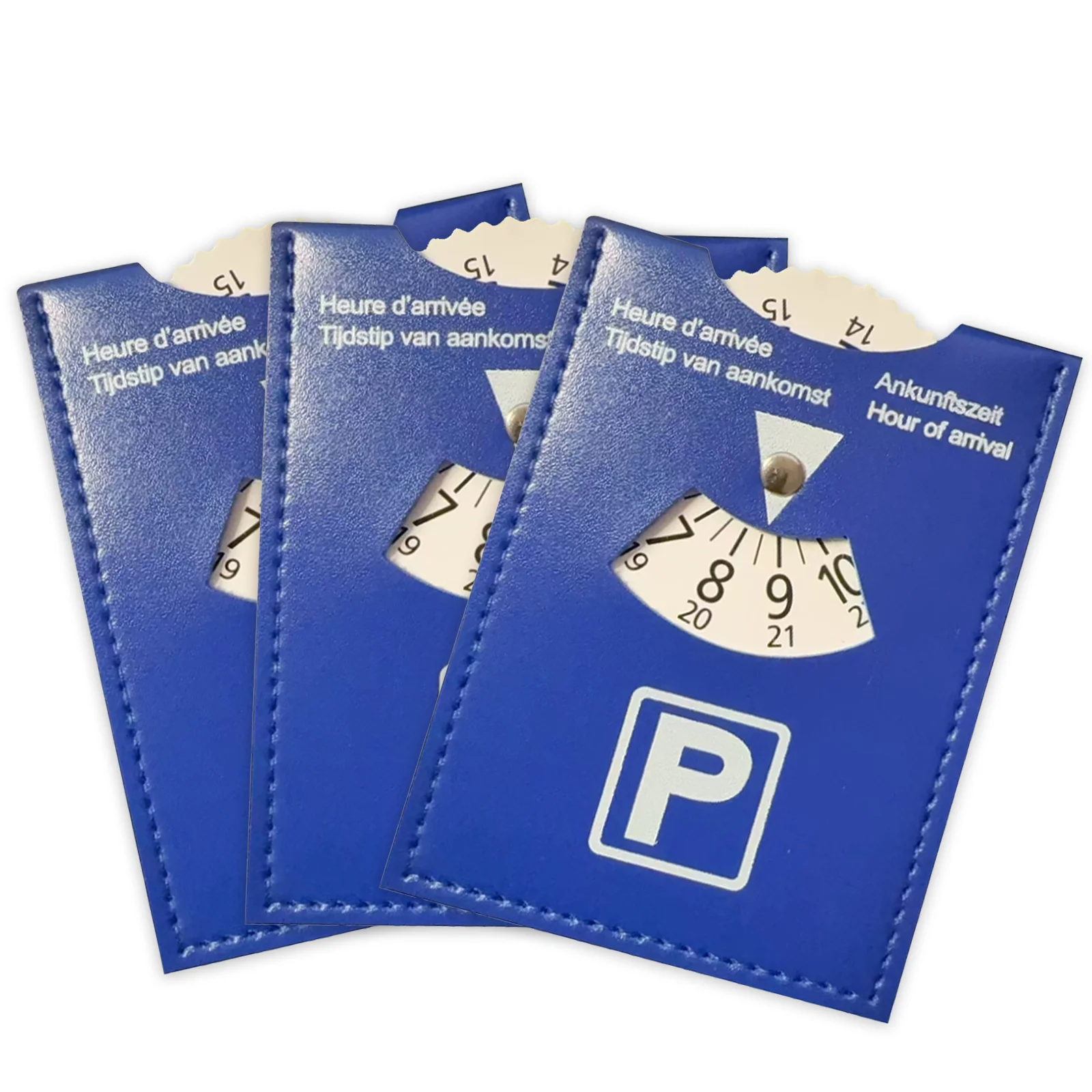 Blaue Parkscheibe aus PU-Leder, 4-sprachige Version, langlebiger und wasserbeständiger Ankunftsautimer für das Auto – universelles europäisches Design