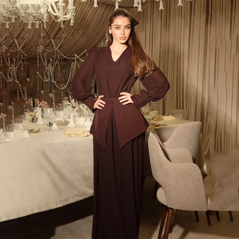 2026 Spring New Fashion Elegant Solid Color Long Sleeve V Neck Button Blouse Bodycon Long Skirt Casual Set Women