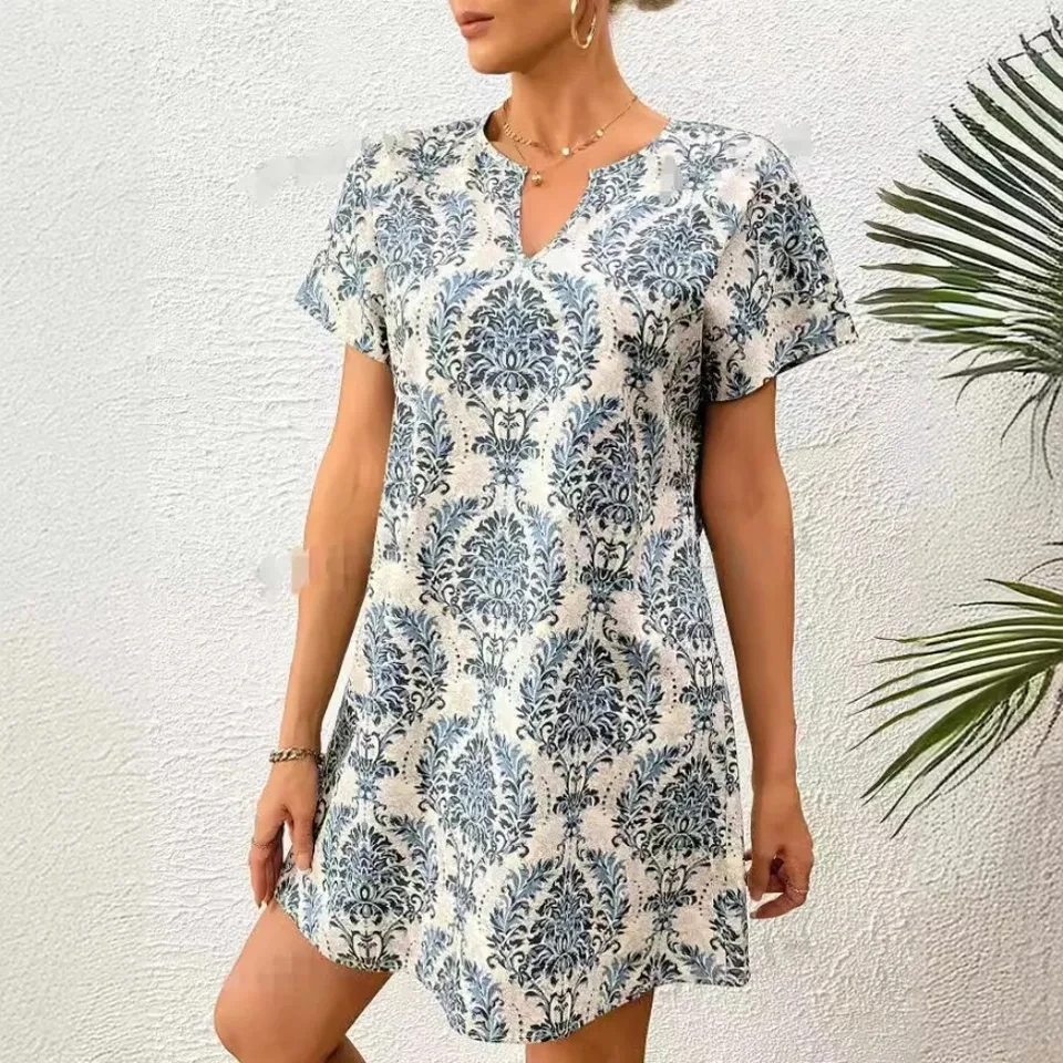 

Women's Dress Print V-neck Bat Short Sleeved Pullover Summer Casual A-line Short Skirt