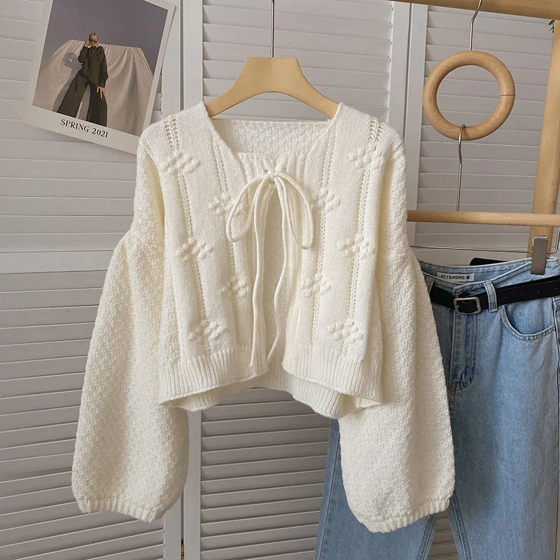 Women Cardigan Korean Style Knitted Cardigan with Lace-Up Casual Loose Ladies Sweater Jackets All-Matched Apricot Ladies Tops