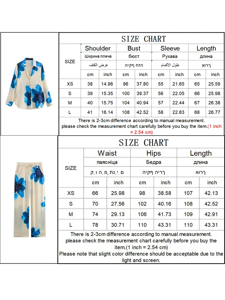 2024 Summer Women Print Blouse Pant Sets Causal Long Sleeves Loose Buttons Shirt Top+Elastic Waist Lace-Up Wide Leg Pant Suits