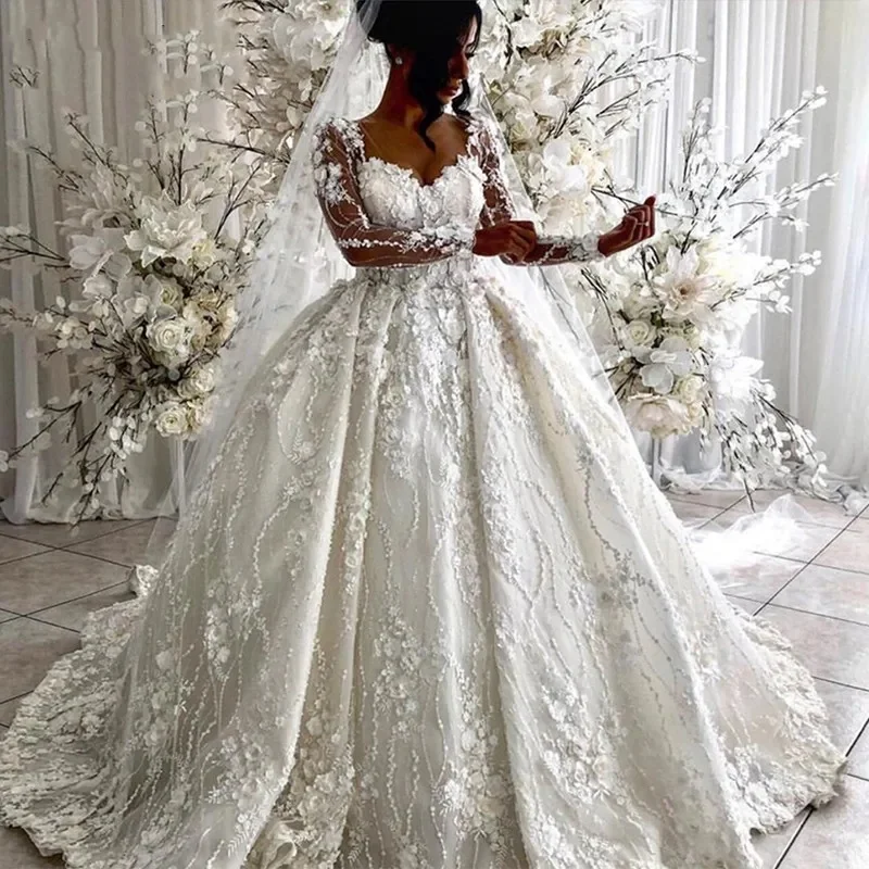 

Arabic 3D Floral Lace Wedding Dresses Luxury Ball Gown for Bride Beads Lace Long Sleeves Bridal Gowns Robe De Mariee Customized