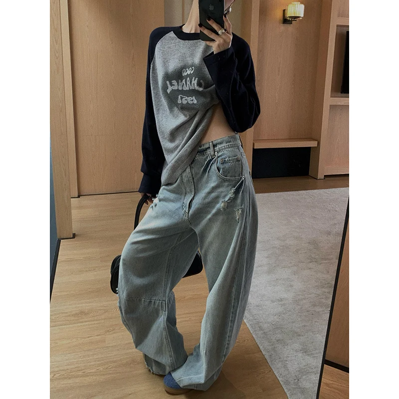 

Y2k Women Blue Ripped Jeans Harajuku Vintage Baggy Denim Trousers Japanese 2000s Style Hip Hop Oversize Jean Long Pants Clothes