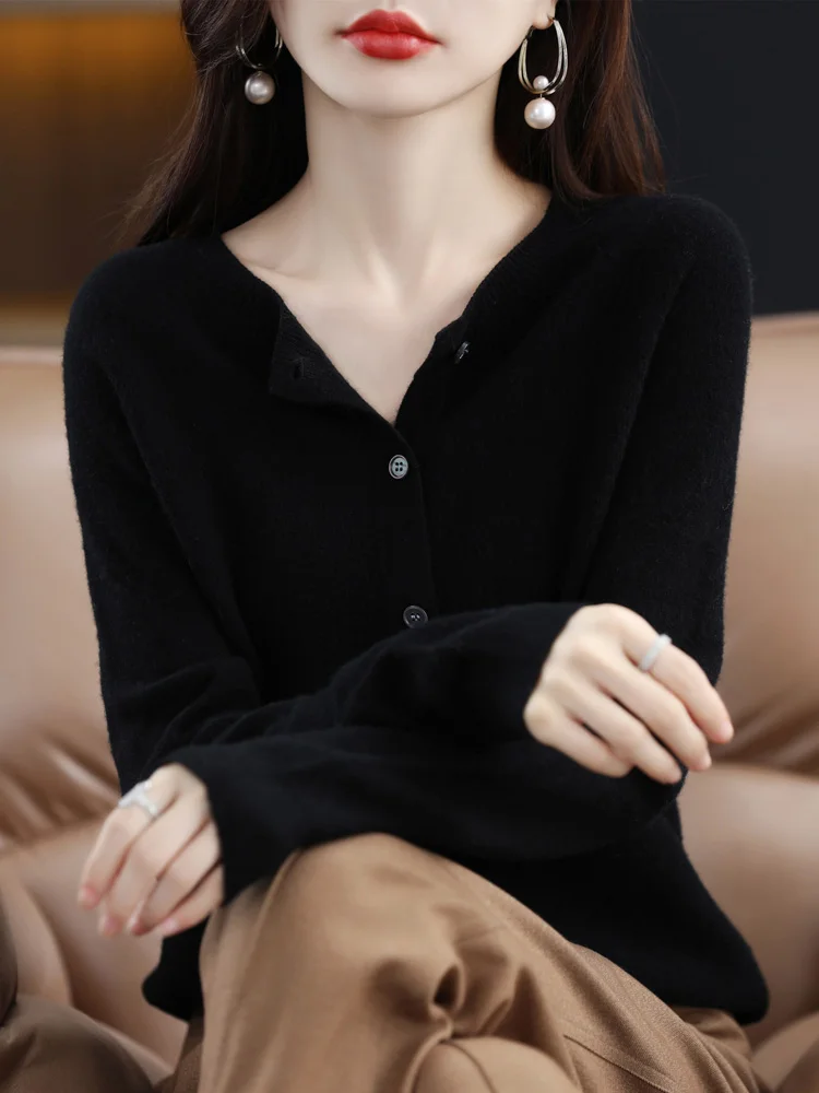 Long Sleeve 100% Merino Wool Sweaters Spring Autumn Women O-Neck Knitwear Tops Clothing Fashion Basic Tops