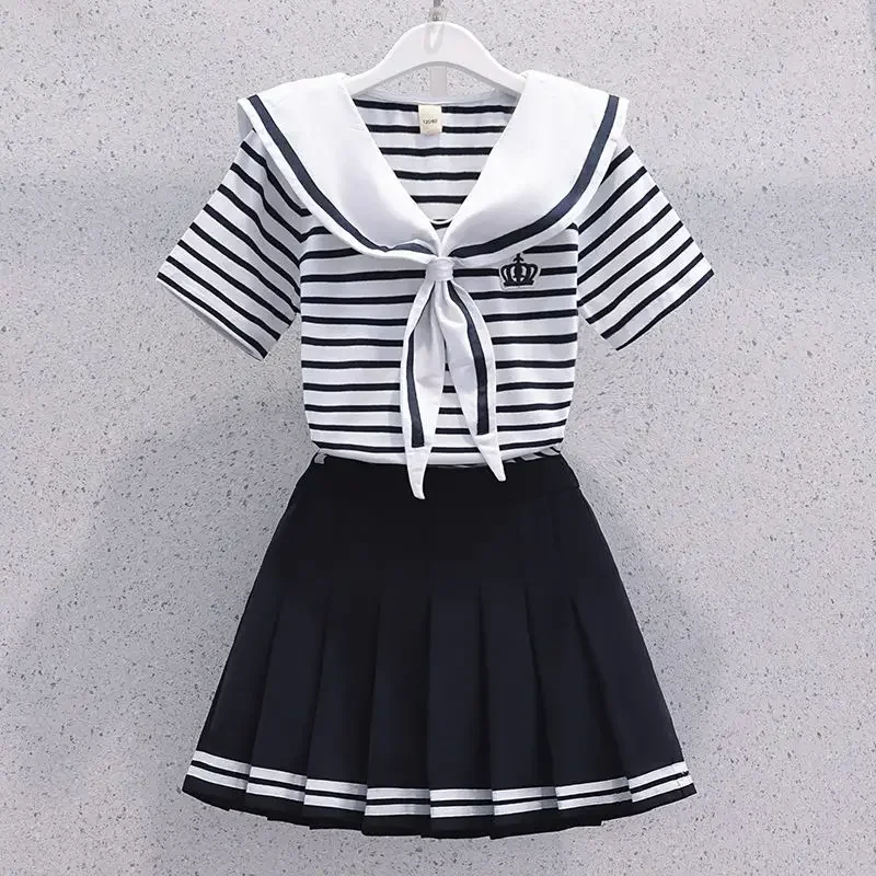 Girls Summer Casual Striped Sailor Collar Short Sleeve Suits 4 6 8 10 12 14 Years Girls JK Style Fashion Tops+Skirts 2pcs Sets