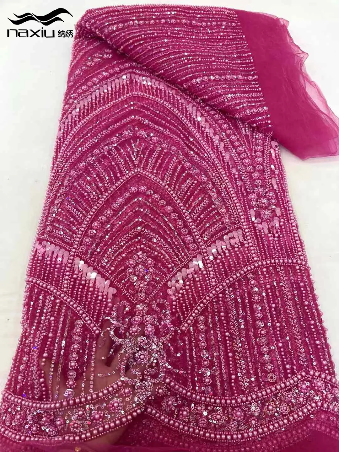 Madison High Quality African Beads Lace Fabric with Sequins Embroidery French Mesh Net Fabric for Nigeria Party Dresses 5 Yards