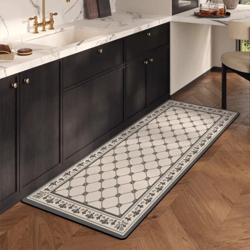 

Beige Floral PVC Carpet Waterproof Oil-proof Easy Clean Carpets Kitchen Decoration Grid Lines Rugs Geometric Luxury Hallway Mat