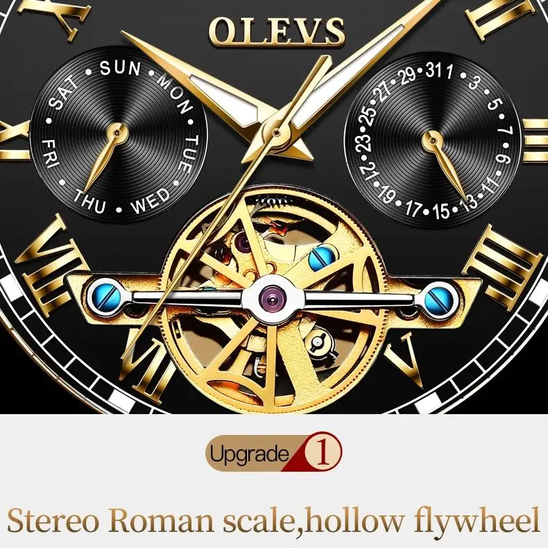 OLEVS Automatic Mechanical Watch for Men Skeleton Flywheel Design Stainless steel Waterproof Moon Phase Top Brand Men Watch 2024