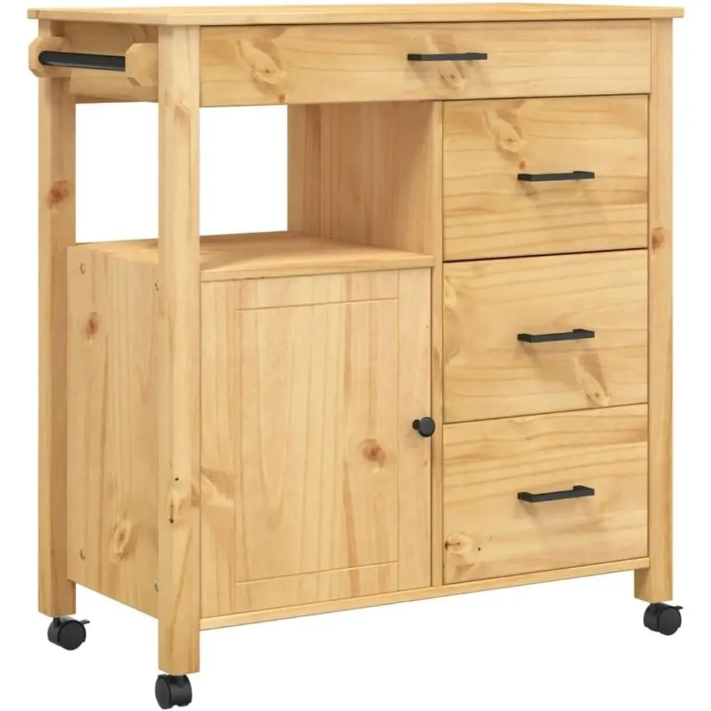 

Rustic Rolling Kitchen Island with 4 Shelves and 1 Door - Wooden Mobile Storage Cart for Kitchen or Dining