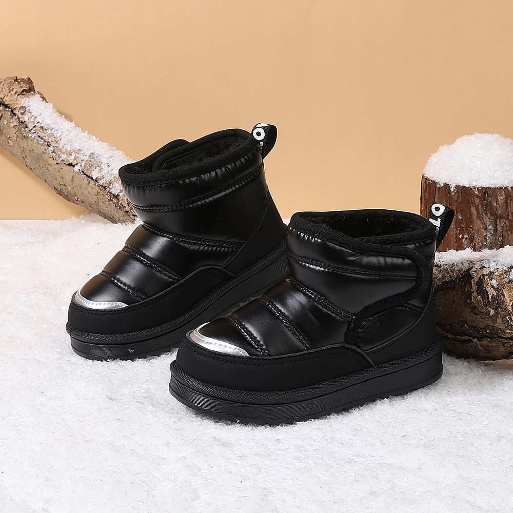 COMFY KIDS Toddler Black Puffy Fleece Lined Snow Boots Soft Non Slip Double Layer Rubber Sole Kids Winter Warm Shoes