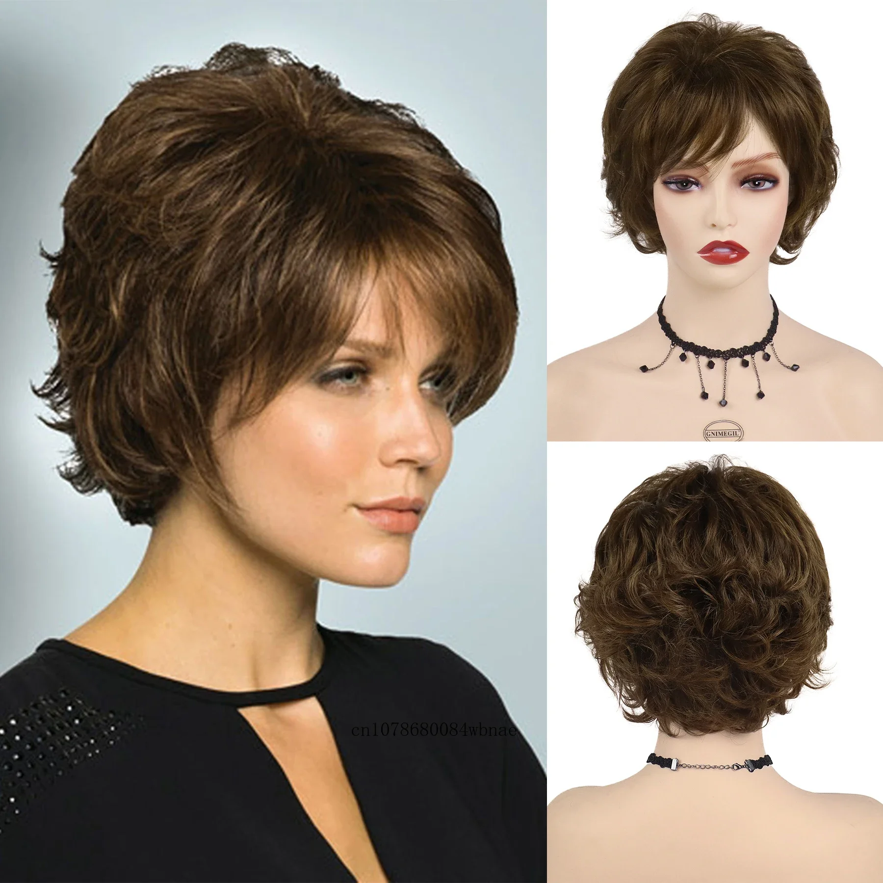 

Short Natural Brown Synthetic Wigs for Fashion Women Fluffy Wavy Hairstyle Layered Wig with Bangs Heat Resistant Daily Party Use