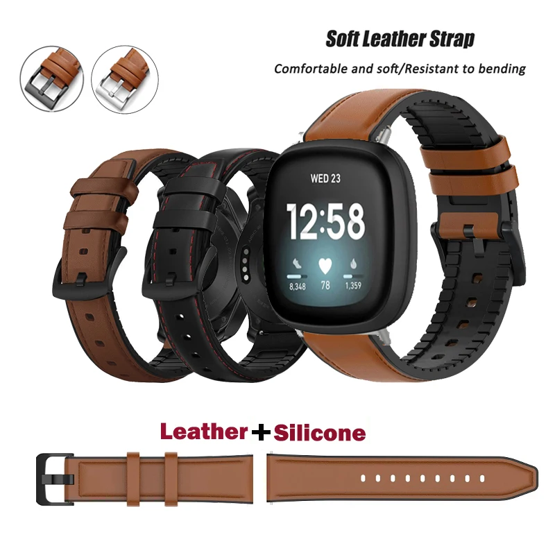 

Strap Genuine Leather Silicone Band for Fitbit Versa 3 4 Sense 2