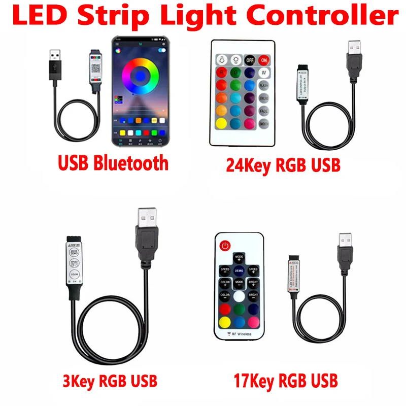 

USB 5V DC LED Strip Light RGB Single Color LED Controller IR Bluetooth Remoter RF Wireless Remoter Control For LED Strip light