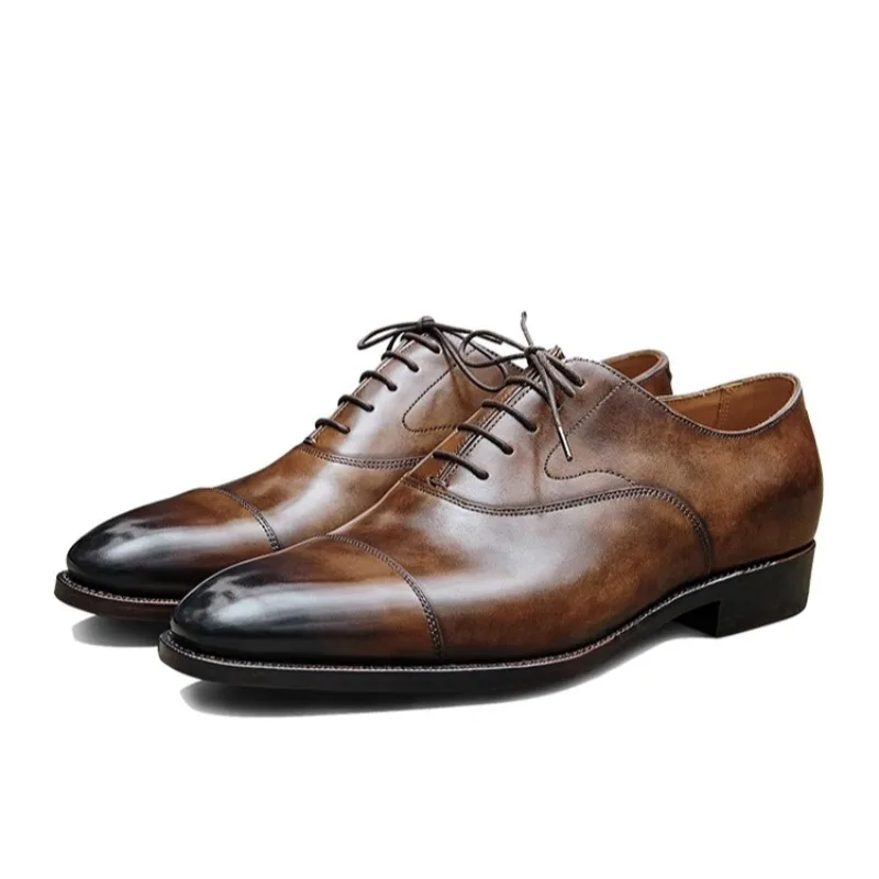 

Luxury Men Business Dress Shoes Premium Cowhide Handmade Oxford Shoes British Style Vintage Wedding Shoes