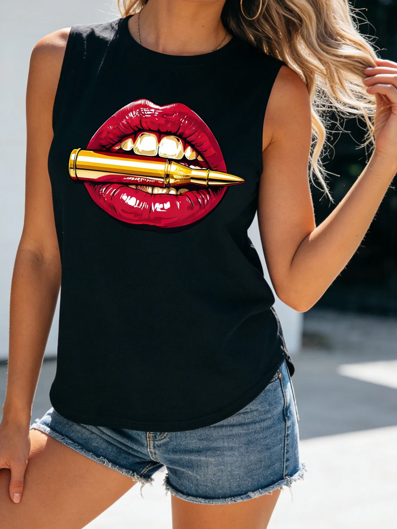 Lipprint Damen Freizeit-Top ohne Ärmel, Sommer-Sporttop, bequem, geeignet für Outdoor-Aktivitäten und den täglichen Gebrauch