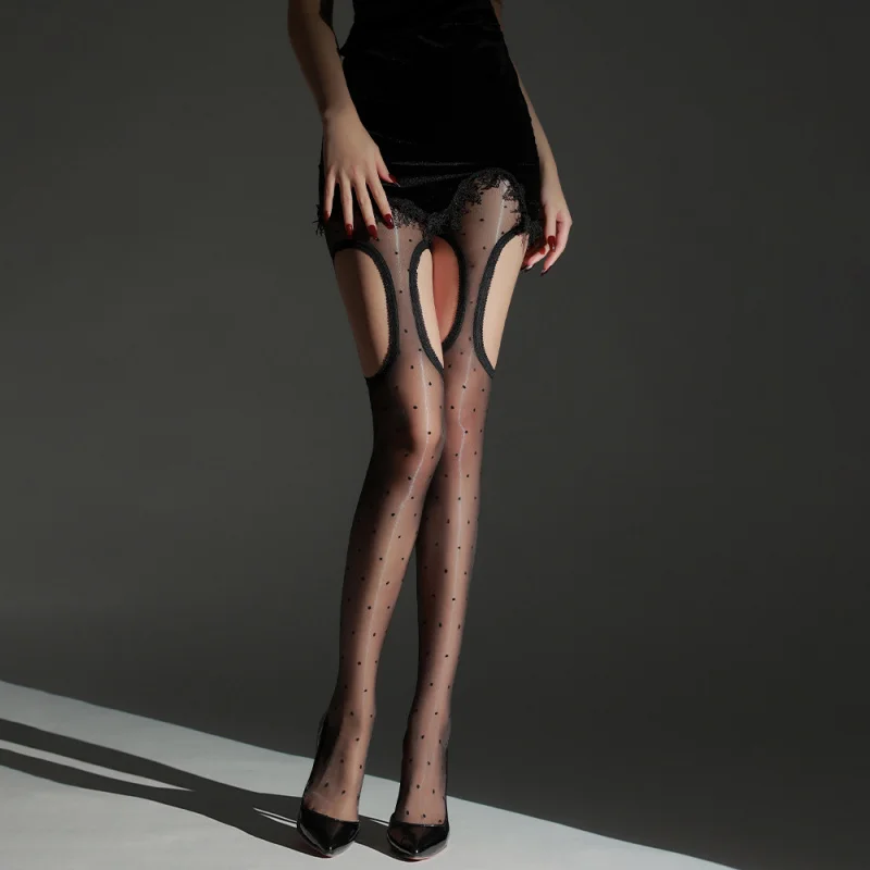 

Aurora Polka Dot Shiny Stockings Fake Straps Four-Sided Hollow Out Women's Polka Dot Thin Summer Sexy Black Pantyhose