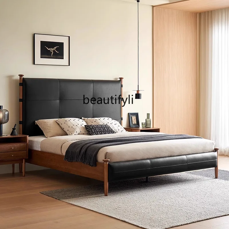 

French Vintage Style High-Back Leather Upholstered Bed for Master Bedroom, Home Use, Solid Wood Black Oil-Waxed Leather Bed