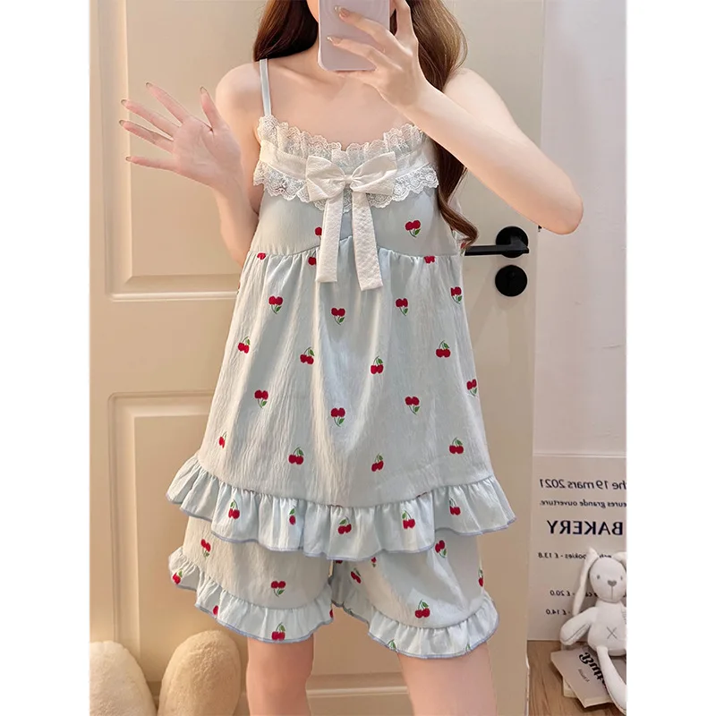 

Summer Cloud Cotton Pajamas Set Korean Women Print Sleepwear Built-in Bra Ruffle Lace Bow Cami Shorts Princess Style Loungewear