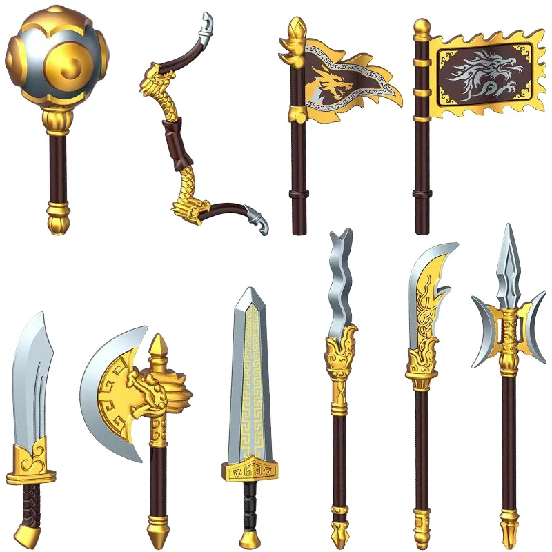 MOC Building Blocks Medieval Military Knight Soldiers Figures Weapons Accessories Sword Spear Knife Holder Flag Mini Bricks Toys