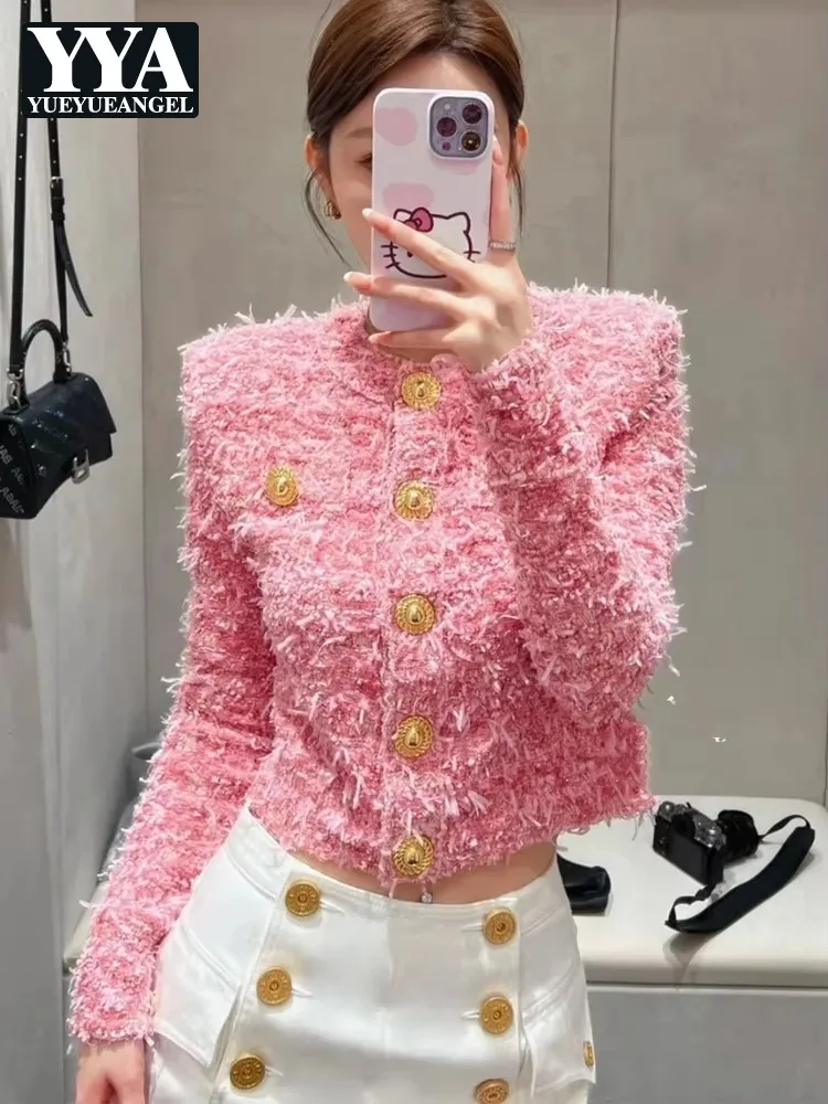 Elegant Office Ladies Slim Fit Short Coat Spring Autumn Outerwear Long Sleeve O Neck Women Sweet Fashion Weave Tweed Jacket Tops