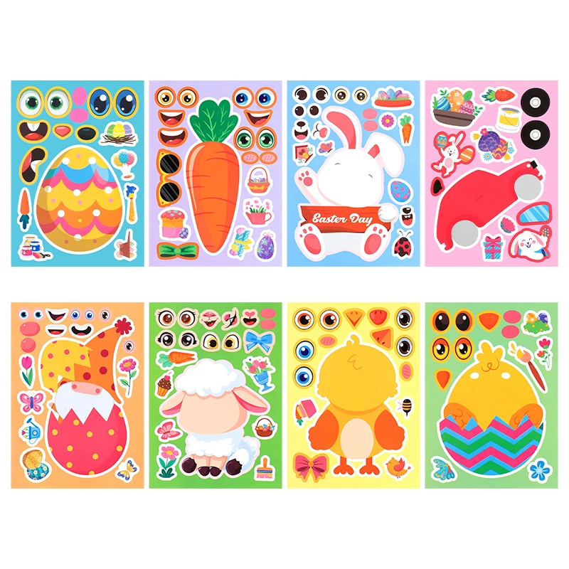 8Sheets Cartoon Easter Puzzle Stickers DIY Rabbit Sheep Chick Make A Face Decals Easter Party Favor Decals Kids Jigsaw Toys Gift