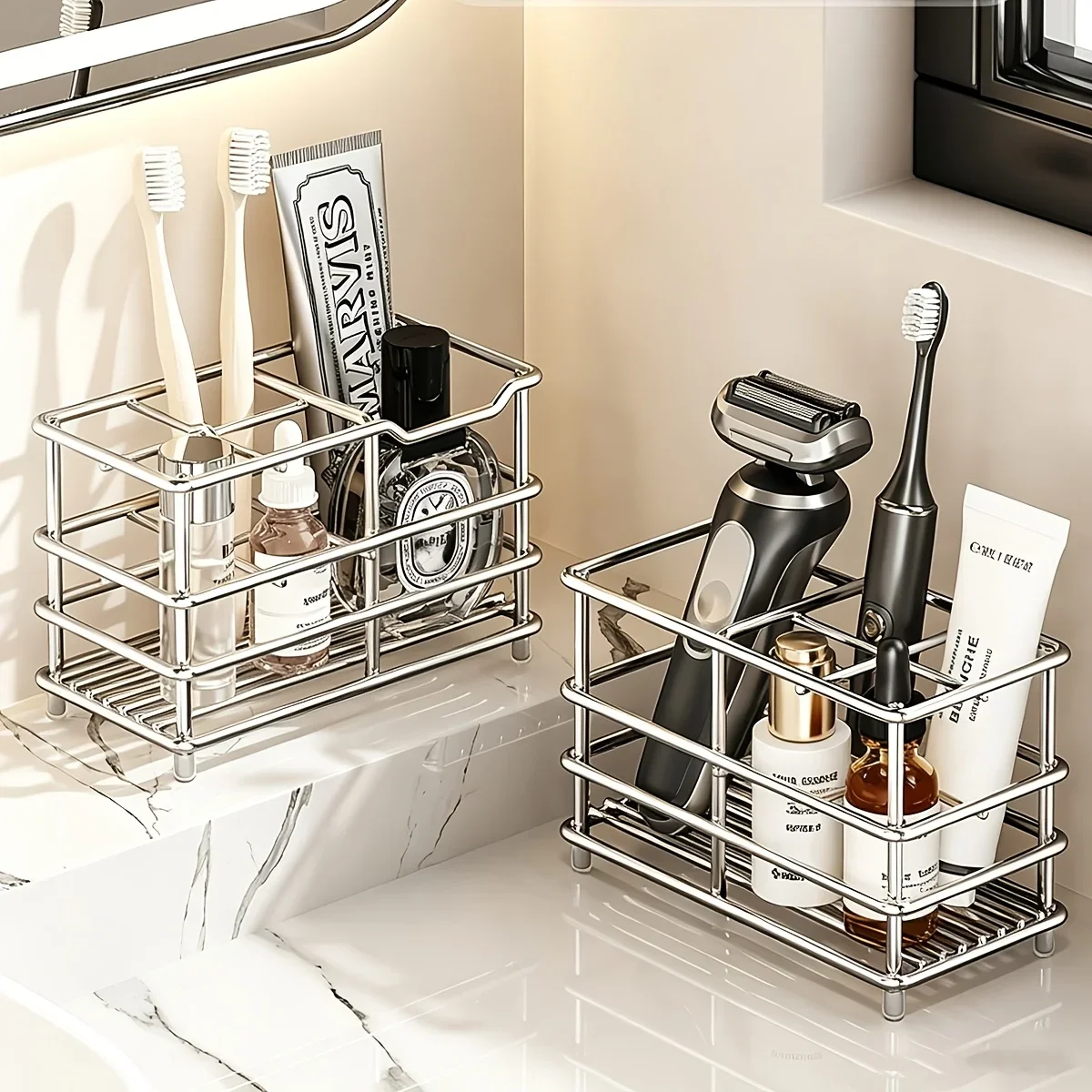 Stainless Steel Bathroom Countertop Organizer, Multi-Purpose Toothbrush Holder with Drainage Base,Ideal for Storing Toothbrushes
