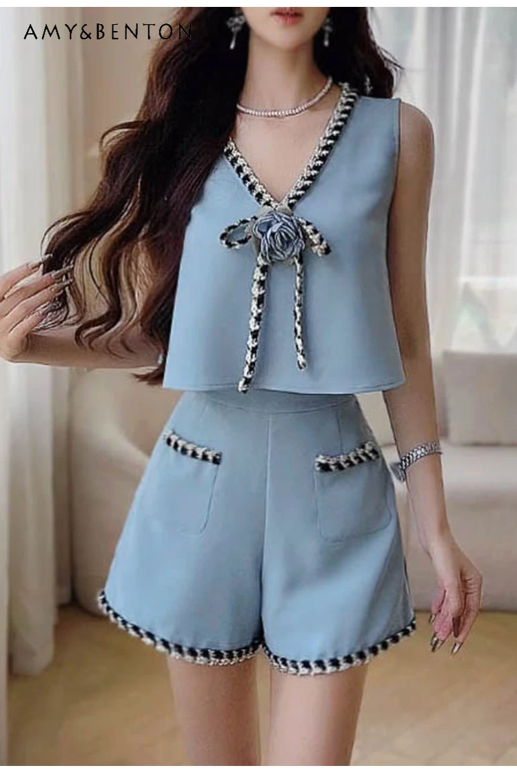 

Socialite Temperament Three-Dimensional Flower V-neck Vest Wide Leg Pants Two-Piece Sets Summer French Graceful Business Suit