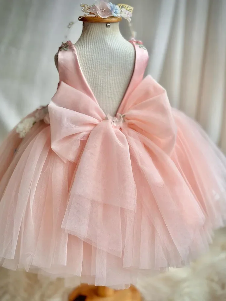 Vestido sem costas para meninas, vestido de baile princesa, traje de bebê fofo, flores e pérolas, vestido de casamento, vestido de princesa para crianças, 2024