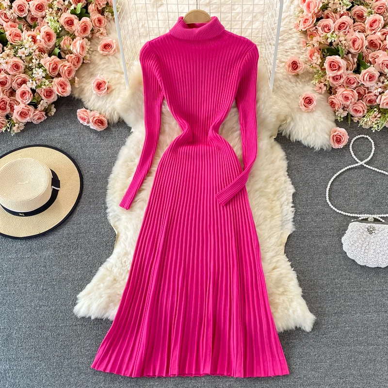 Women Chic Turtleneck Long Sleeve Sexy A-line Sweater Dress Vintage Korean Fashion Knit Vestido Elegant Autumn Winter Knitwear