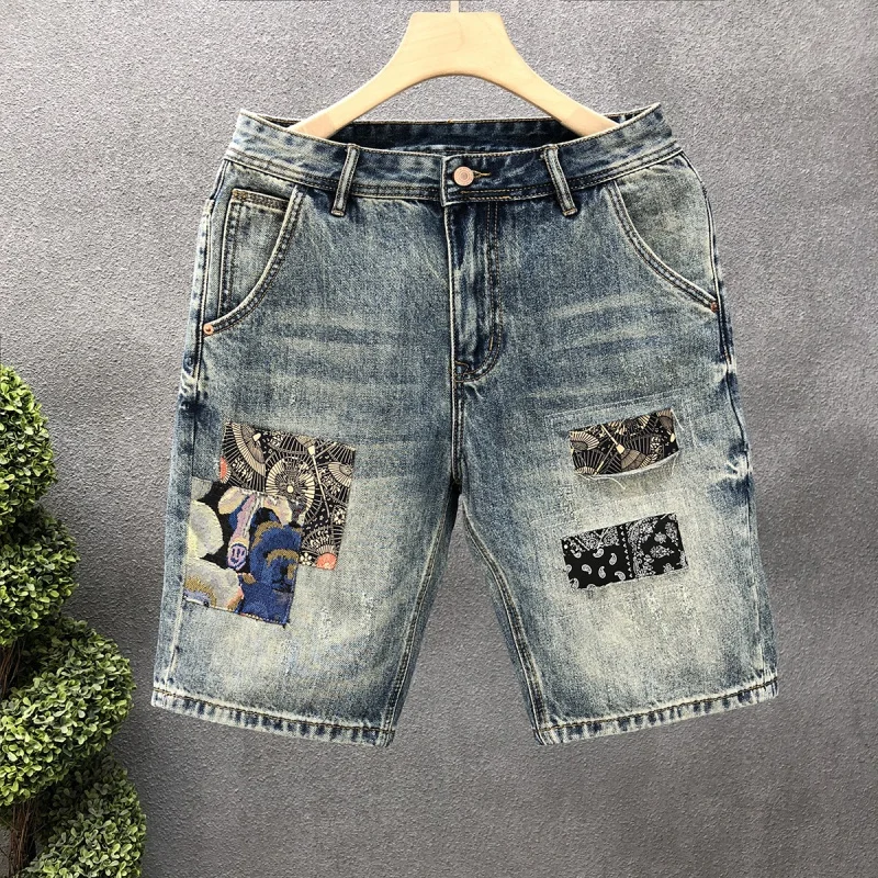 メンズストレートカットショーツ,刺denim,ルーズフィット,カジュアル,トレンディ,夏,ノベルティ,ファッショナブル,2024