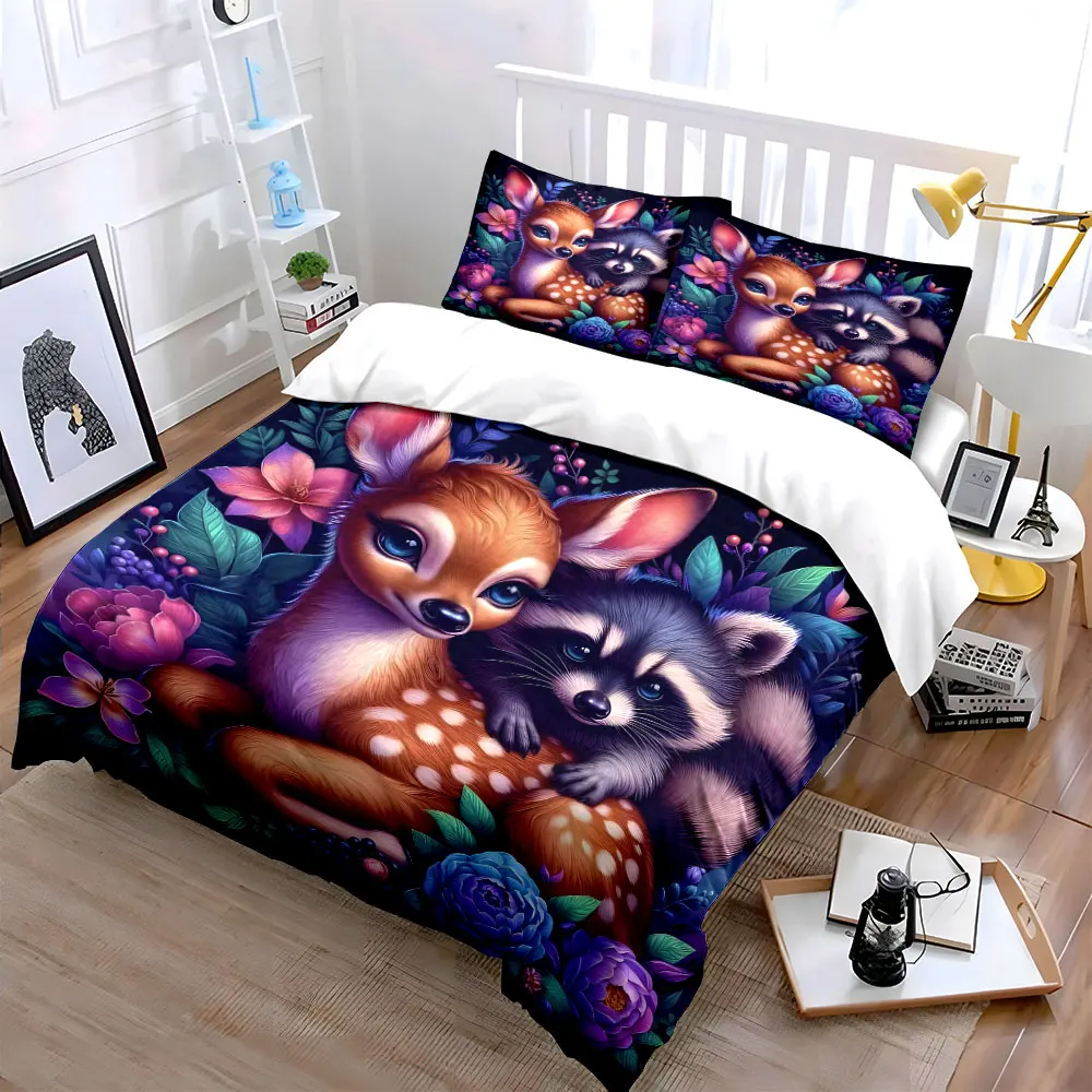 Enchanted Floral and Woodland Creatures Printed Duvet Cover Set1 Duvet Cover+2 PillowcaseMulti Size Bedroom Bedding Decor