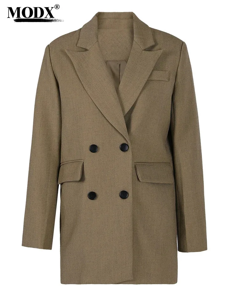 [MODX] Aprikose Khaki Zweireiher Elegante Blazer Frauen Neue Revers Langarm Jacke Mode Flut Frühling Herbst 2024