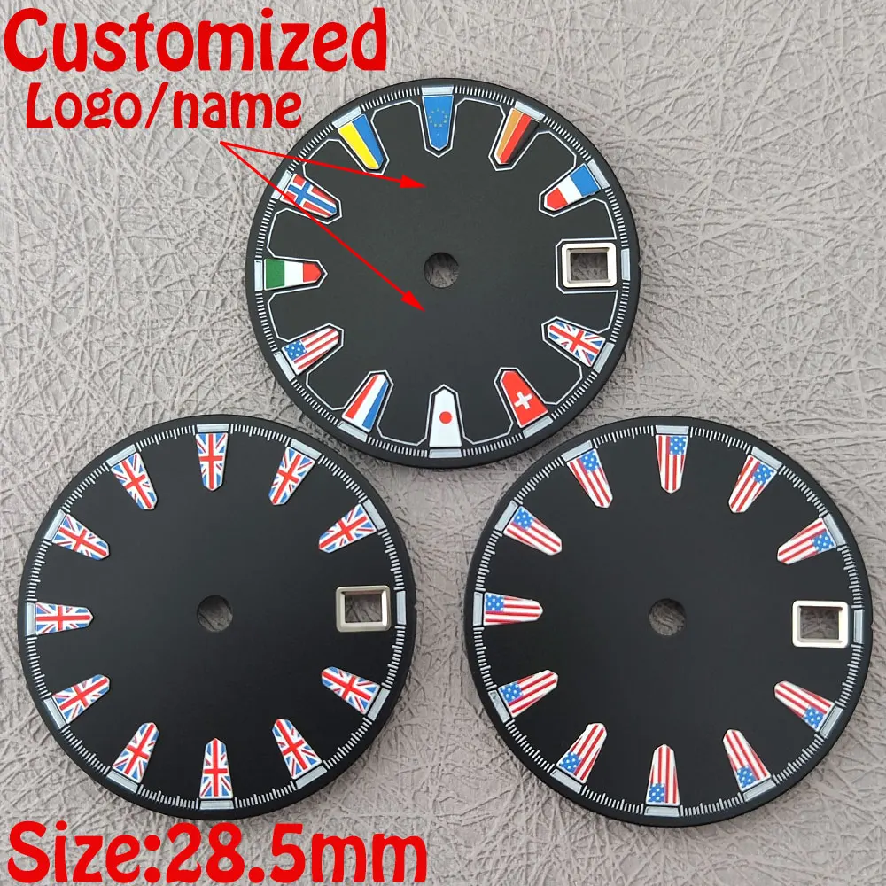 

NH35 NH36 dial 28.5mm Watch dial black dial national flag sterile dial custom logo suitable for NH35 and NH36 movement